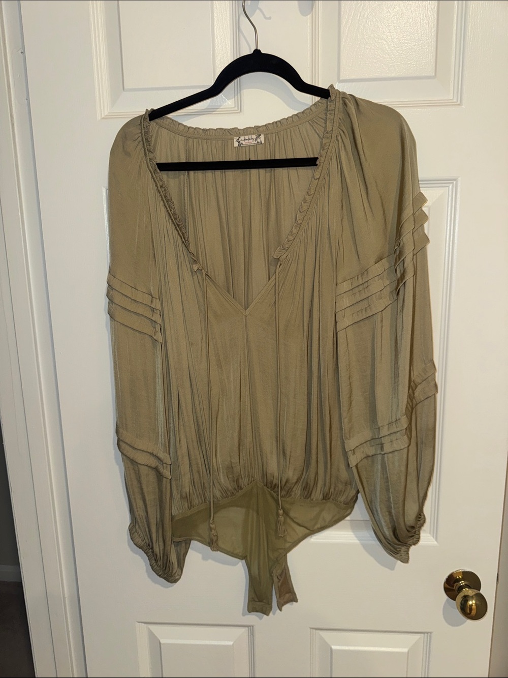 Free People Olive Boho Tie-Front Long Sleeve Bodysuit
